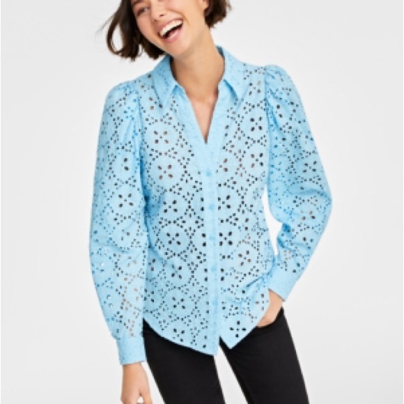 On 34th Tops - On 34th Blue Cotton Eyelet High/Low Blouse SZ XS